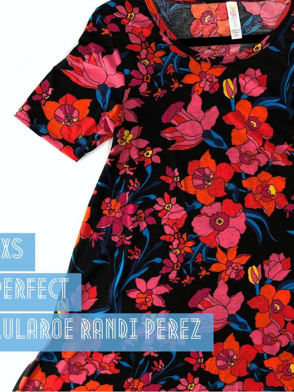 LuLaRoe Perfect Black Short Sleeve Tee with Pink, Red & Blue Floral Print